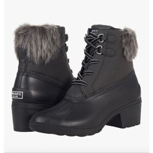 Sperry Black Faux Fur Lace-Up Syren Heel Boots Lug Sole Winter Women’s 9
